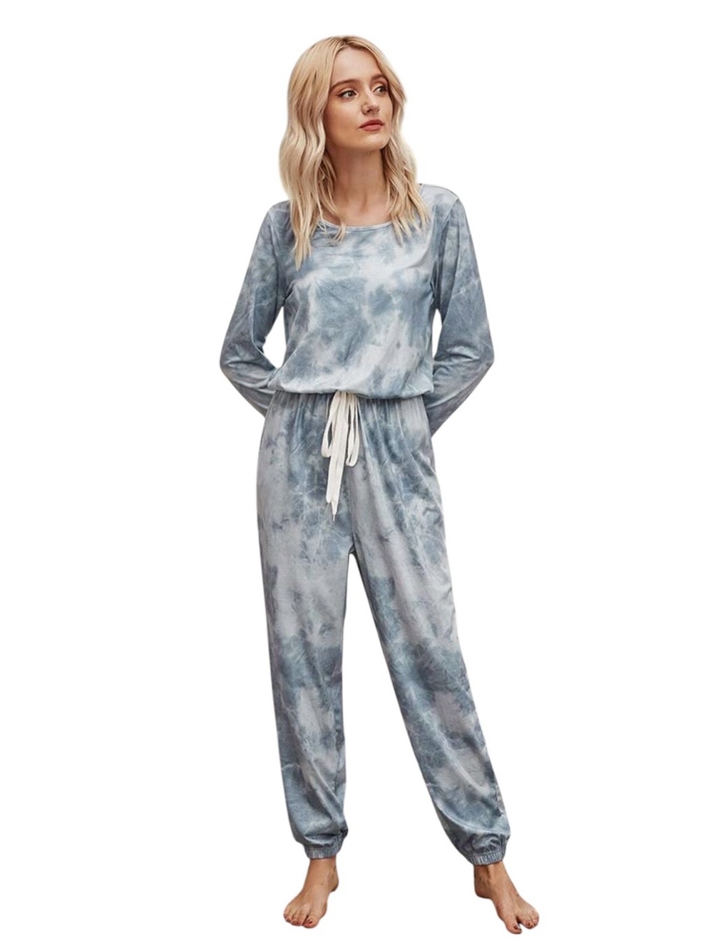 New Women's Tie Waist Long Sleeve Tie Dye Jogger Joumpsuit Loungewear Size M